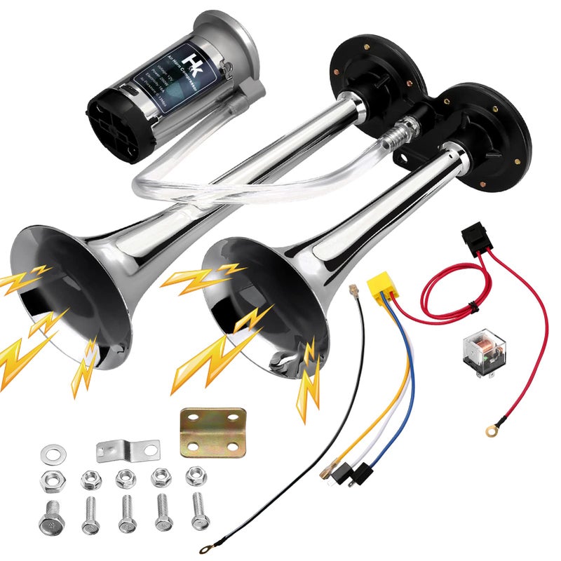 HK مجموعة بوق هوائي HK 12V 150db للشاحنات والسيارات، بوق قطار فائق الصوت للشاحنات، أبواق هوائية مزدوجة مع ضاغط لأي مركبات 12V الشاحنات الدراجات النارية البيك أب القطارات السيارات القوارب (فضي) - Image 1